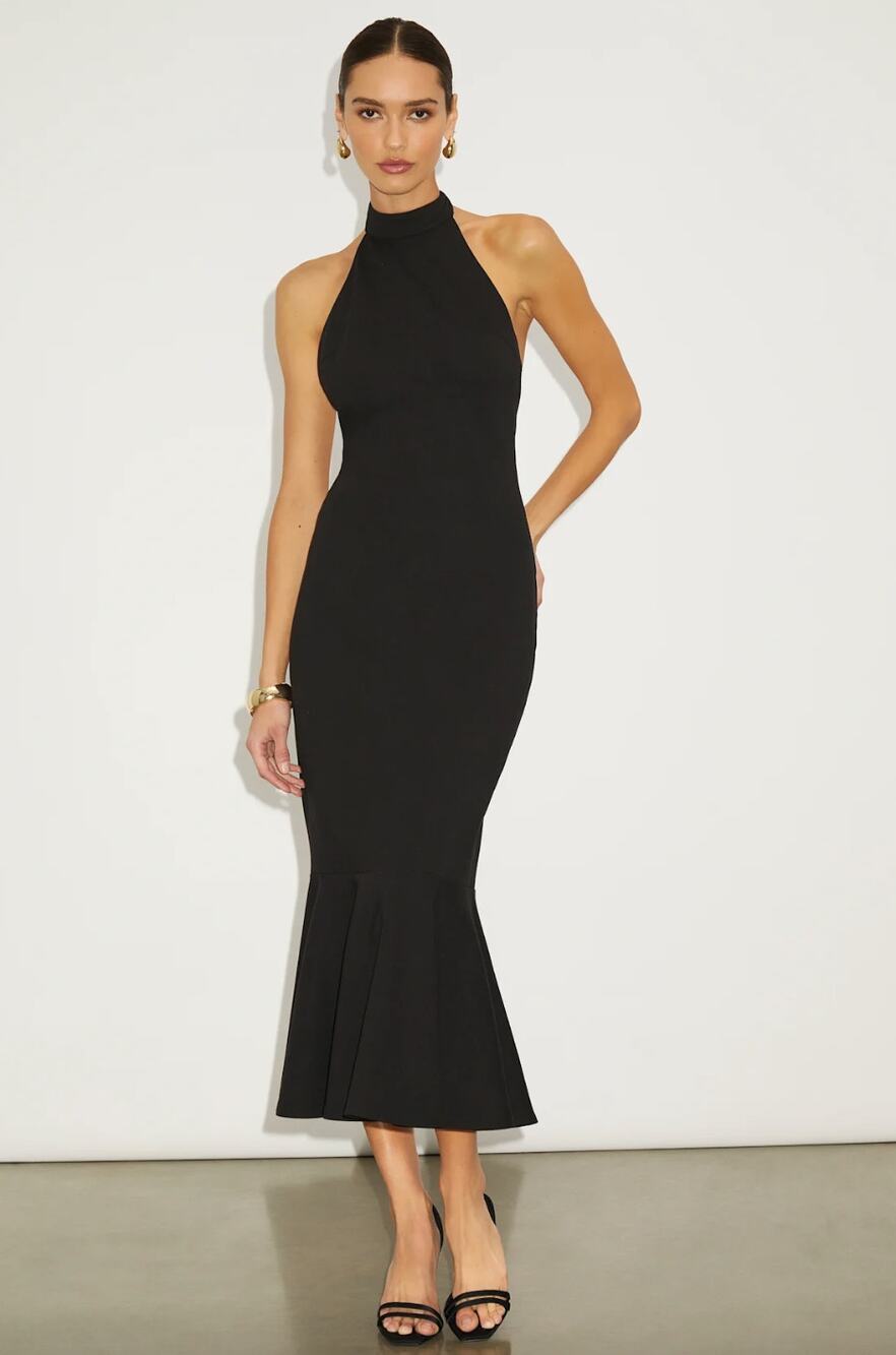 NEW Lulus Chic Masterpiece Black Backless Trumpet Hem Midi Dress Size M LBD Glam